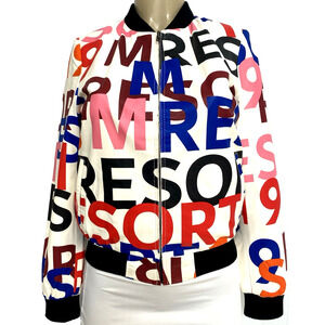 Kircilar Leather Bomber Jacket Reversible Front Zip Logo Print Pockets 38 S